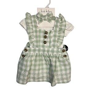 Nicole Miller New York Baby Girl 3pc Jumper Set Green Gingham 0-3M 0-3 NWT